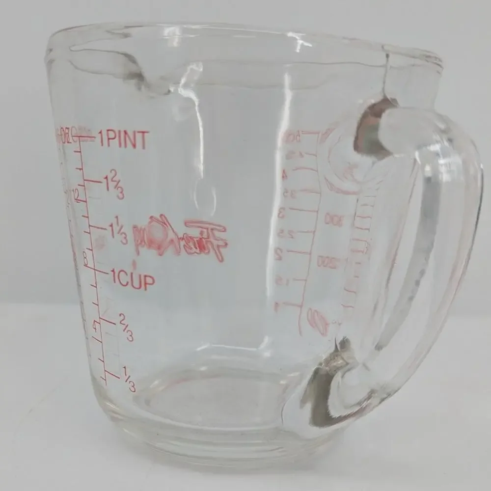 VINTAGE Fire-King 20 oz Glass Measuring Cup Vintage Red Lettering USA Made